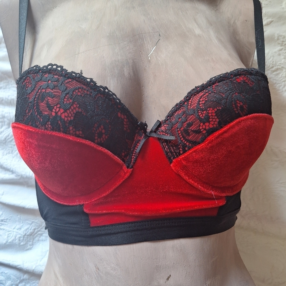 Elegant Red Velvet and Black Lace Bralette